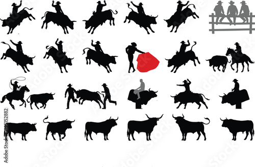 Bull riding and rodeo silhouette collection featuring cowboys, raging bulls and western arena scenes, dynamic extreme sport actions and traditional American ranch culture icons