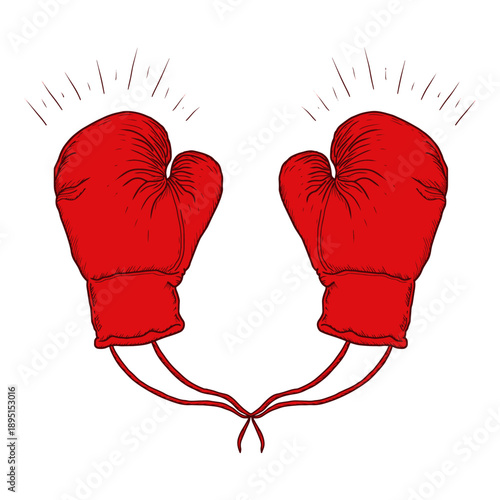 Hand drawn vibrant red boxing gloves in striking position with dynamic motion lines vector illustration