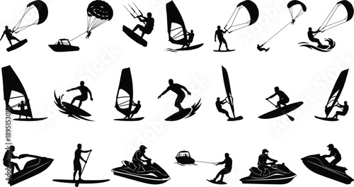 Extreme water sports silhouettes collection featuring kitesurfing, windsurfing, wakeboarding, parasailing, jet skiing, surfing and boating activities, isolated black action icons for adventure