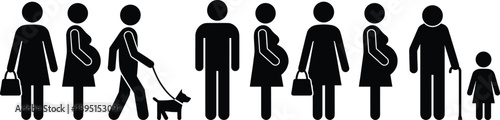 Human figure pictogram silhouettes showing family members, pregnant women, elderly person, child and pet owner, universal people icons for public signage, demographics, accessibility