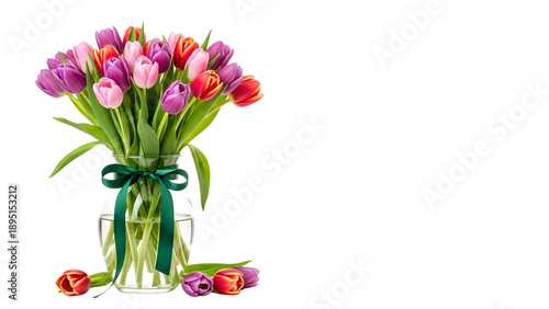 Beautiful bouquet of colorful tulips in a glass vase with ribbon isolated on transparent background