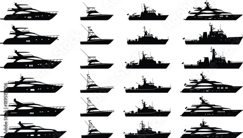 Set of black boat, ship and yacht silhouettes featuring marine vessels, fishing boats, naval ships and luxury yachts isolated on white background vector illustration