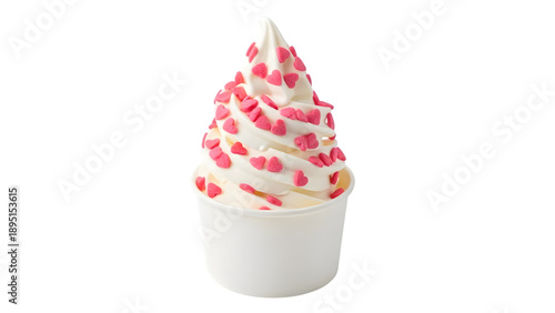 Strawberry swirl soft serve ice cream in a paper cup isolated on transparent background