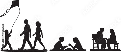 people engaging in leisure activities outdoors, including flying a kite, walking, sitting on a bench, and having a picnic silhouette vector