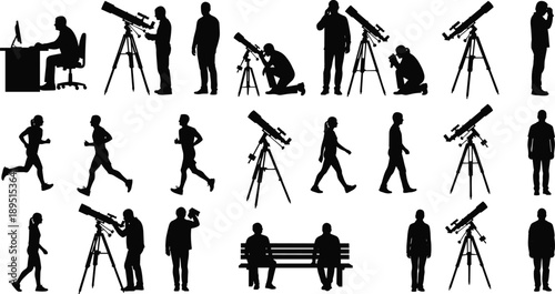Astronomy observer silhouettes using telescope set, stargazing research activities, night sky science hobby concept, black vector isolated white background illustration
