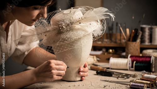 Medium shot of an artisan carefully shaping a handblocked couture fascinator with intricate net veils highlighting delicate craftsmanship and elegant headpiece design.