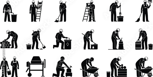 Construction and maintenance worker silhouettes set performing cleaning painting masonry tasks, industrial labor activities collection, black vector icons isolated