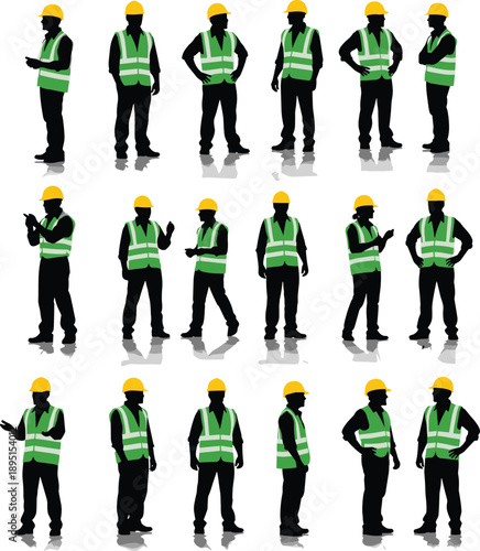 Construction worker silhouette set wearing safety vest helmet, multiple standing poses, industrial labor concept, black vector figures isolated white