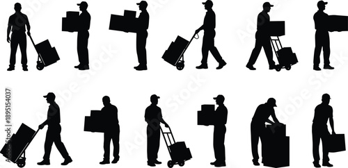Delivery and warehouse worker silhouettes carrying boxes using hand truck, logistics transportation labor concept, black vector people isolated white background