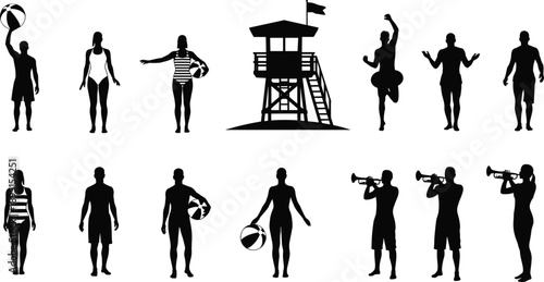 Black silhouettes of beach people, swimmers, lifeguard tower, musicians and athletes, summer leisure activities isolated on white background illustration set