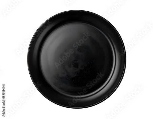 Empty black plate on transparent grid background, studio shot, top down view