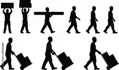 Warehouse worker silhouettes carrying boxes and pushing hand truck, logistics delivery labor concept, manual material handling, black vector isolated white