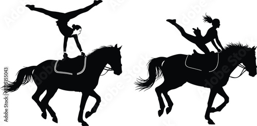 Black silhouettes of equestrian vaulting athletes performing acrobatic gymnastics on running horses isolated on white background sport illustration set