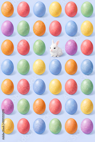 Seamless Easter Egg Pattern on Pastel Blue Background with White Bunny Replacing One Egg