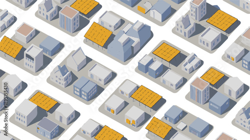Isometric aerial view of a neighborhood with houses and solar panels on rooftops buildings