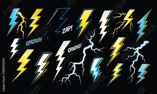 Colorful lightning bolts and electric sparks on black background with crackle and zap text