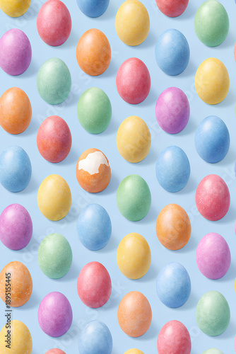 Seamless Pattern of Realistic Hand-Painted Easter Eggs on Pastel Blue Background with One Cracked Egg