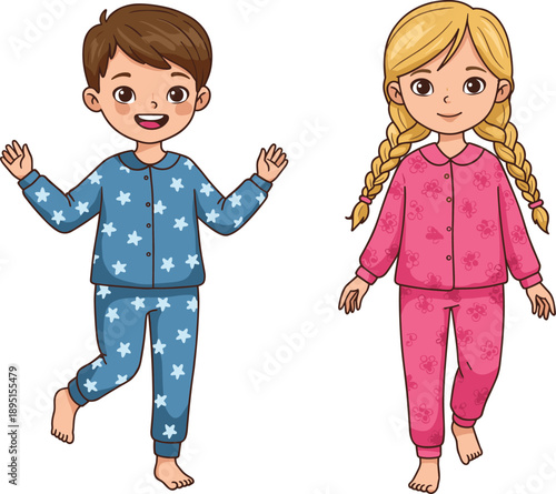 Happy children in colorful pajamas, cartoon style, bedtime illustration, smiling kids, playful pose, morning routine, sleepwear, cheerful, cute, joyful