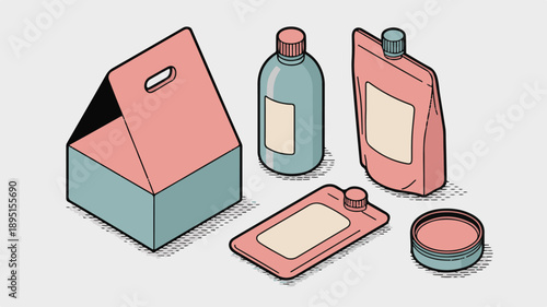 Isometric collection of product packaging including a box and pouches carton bottle