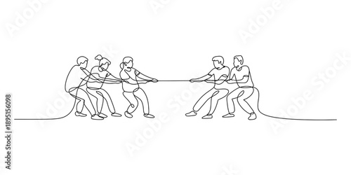 Continuous line drawing of two teams competing in a tug-of-war game Vector, illustration