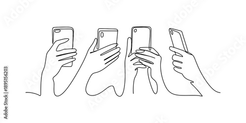 A minimalist single-line drawing illustrating hands interacting with mobile devices and technology. Vector, illustration