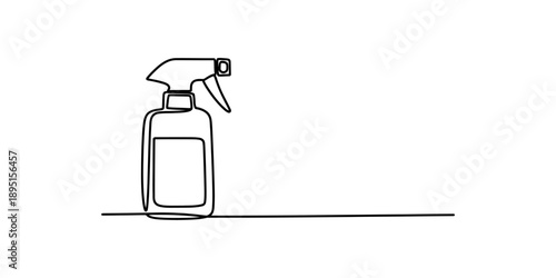 A simple, minimalist continuous line illustration of a spray bottle on white background. Vector, illustration