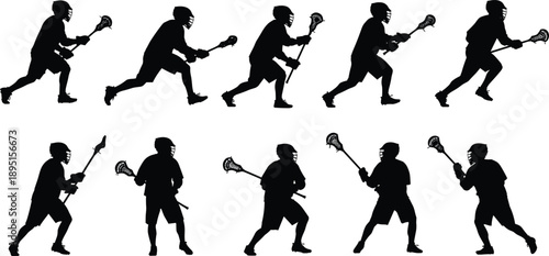 Black silhouettes of lacrosse players in action poses, athletes running and passing with sticks isolated on white background illustration set