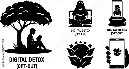 Digital Detox and Opt-Out Era Silhouette of Person Reading Book in Nature, Mindful Lifestyle and Mental Health Awareness Vector Graphic