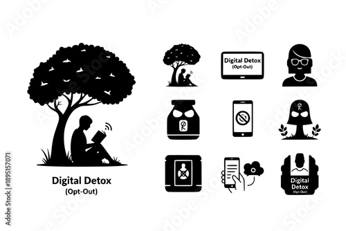 Digital Detox and Opt-Out Era Silhouette of Person Reading Book in Nature, Mindful Lifestyle and Mental Health Awareness Vector Graphic