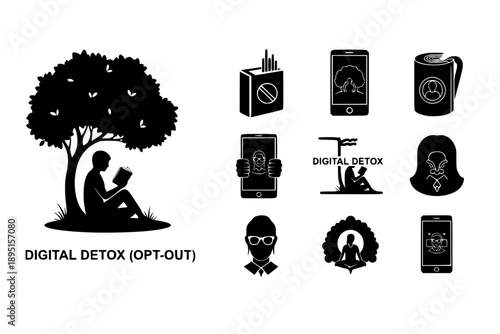 Digital Detox and Opt-Out Era Silhouette of Person Reading Book in Nature, Mindful Lifestyle and Mental Health Awareness Vector Graphic