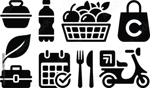 A collection of black silhouette icons depicting food delivery planning and business items