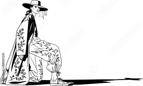 Poetcore Fashion Silhouette of Woman in Balloon Pants and Slim Sneakers, 2026 Streetwear Trend and Aesthetic Apparel Design Illustration