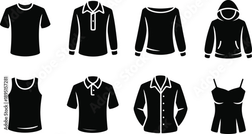 A collection of black silhouette icons displaying various common apparel items on a white background