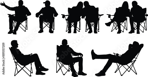 Black silhouettes of people sitting on folding camping chairs, relaxed poses isolated on white background, outdoor leisure seating collection set illustration