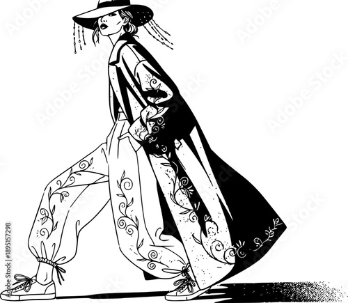 Poetcore Fashion Silhouette of Woman in Balloon Pants and Slim Sneakers, 2026 Streetwear Trend and Aesthetic Apparel Design Illustration