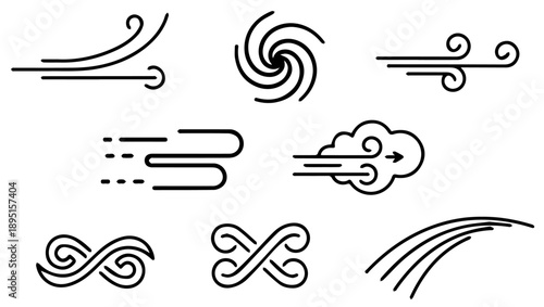 Stylized Wind and Air Movement Vector Icons, wind icons, air movement, motion lines, swirls, minimalist design, black line art, weather graphics, dynamic illustration, fluid motion, white background, 