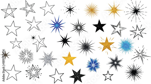 Various Star and Starburst in Black, Gold, Silver, and Blue on White Background stars starbursts