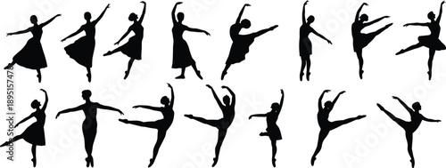 Large collection of black ballerina silhouettes in various dance poses including jumping stretching and performing for ballet school and performing arts