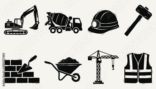 Construction Site Heavy Equipment and Tools Silhouette Icon Set