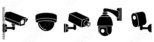 CCTV Camera Vector Pack of 5 – Wall-Mounted Security Silhouettes on png Background, CCTV camera, surveillance camera, security camera, wall-mounted camera, bullet camera, dome camera, box camera, 