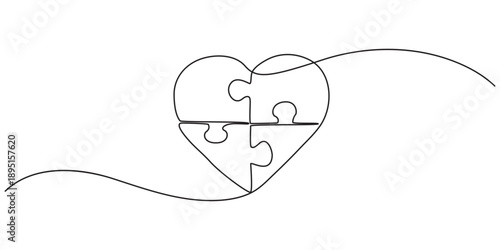 single continuous line drawing boy holding heart shaped 4 piece puzzle. Symbolic. Non verbal expression. Excessive affection. World Autism Awareness Day. 