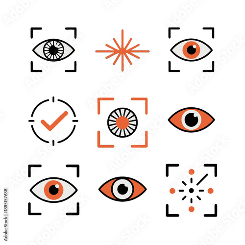 Vector UI icons for biometric eye-sensing and iris identification. Professional assets for secure spatial logins, AR privacy controls, and eye-tracking security systems.