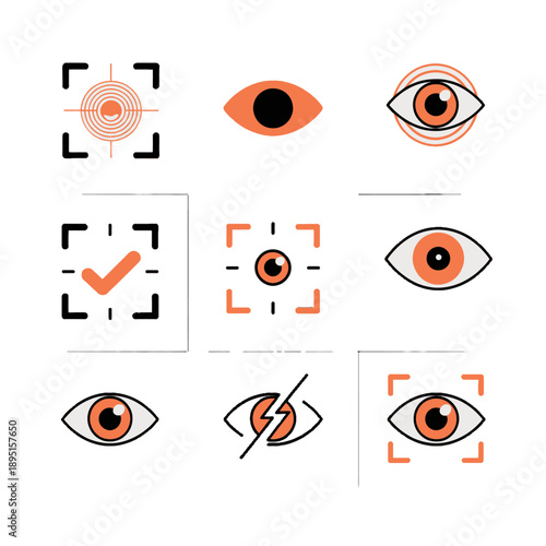 Vector UI icons for biometric eye-sensing and iris identification. Professional assets for secure spatial logins, AR privacy controls, and eye-tracking security systems.