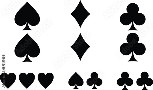 Black silhouettes of playing card suit symbols including spade heart club and diamond icons isolated on white background vector set