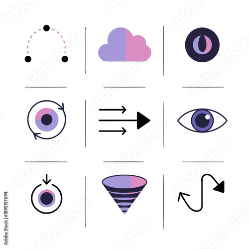 Vector UI icons for dynamic gaze flow and saccadic movement analysis. Professional assets for eye-tracking heatmaps, visual behavior research, and responsive XR interfaces.