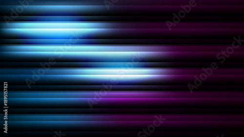 Abstract dynamic neon lights streak across a dark space creating a futuristic atmosphere from a frontal viewpoint with motion blur and vibrant colors