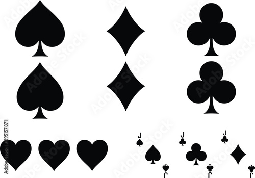 Black silhouettes of playing card suit symbols spade heart club and diamond icons isolated on white background casino poker illustration set