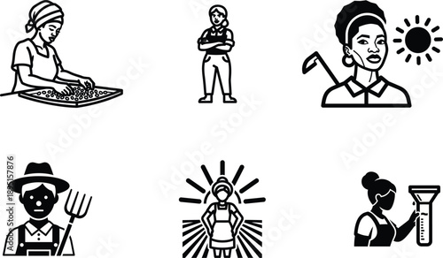 black and white illustrations of people working in various jobs and activities