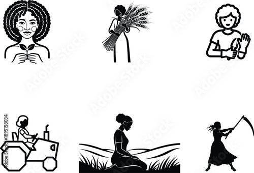 black and white illustrations of people working on a farm or with plants