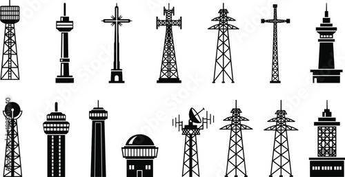 Communication and power tower silhouettes collection showing transmission, broadcasting, telecom, and utility infrastructure structures for technology and energy design concepts
